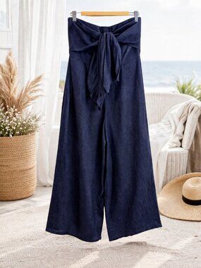 Bebop Linen Blend Strapless Jumpsuit Navy Tie Front Wide Leg XS Resort Coastal